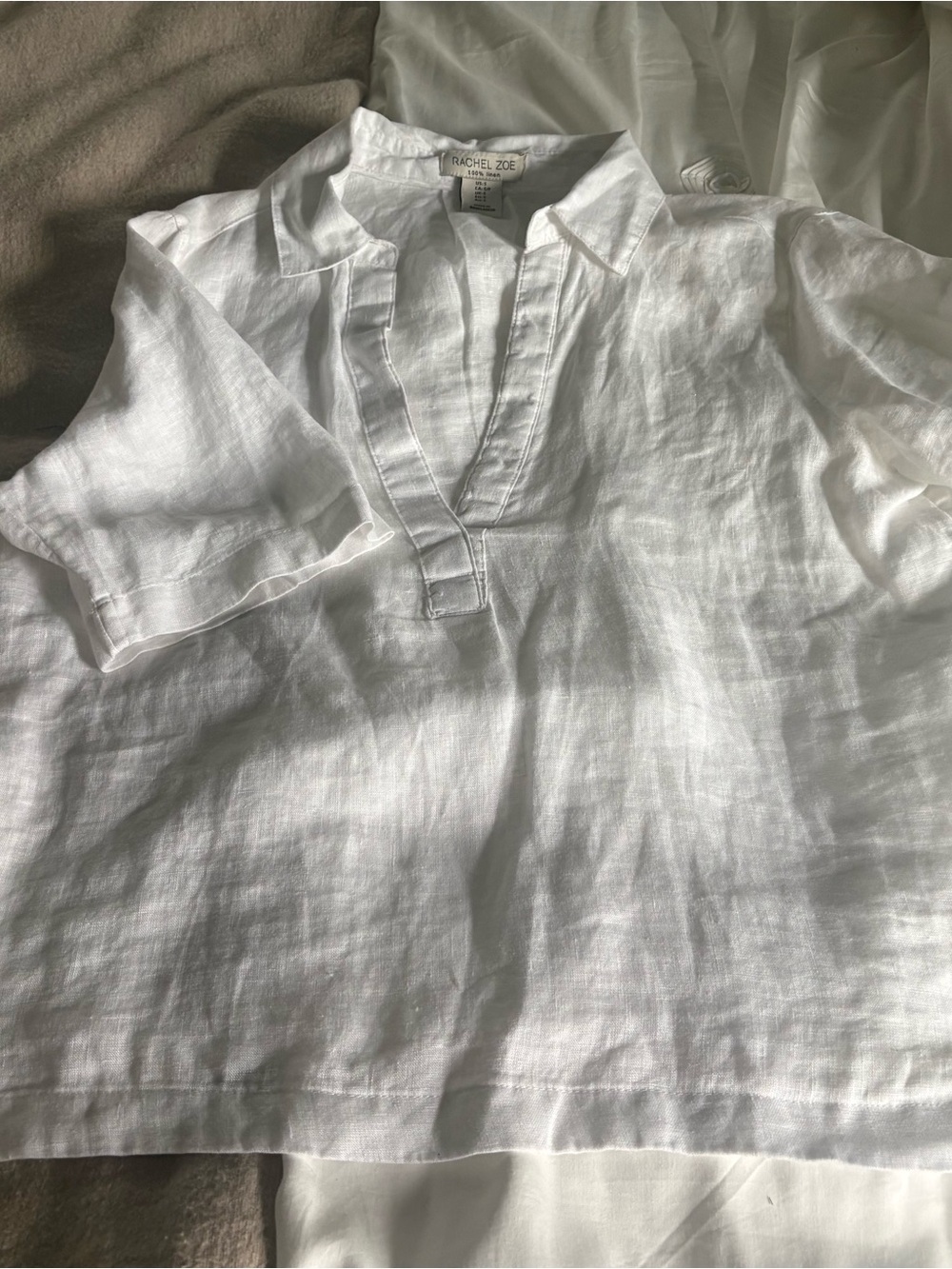 Rachel Zoe White Linen Split-Neck Polo Blouse
